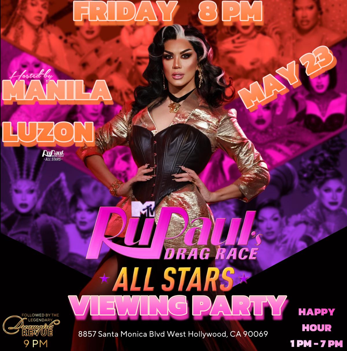 Promotional poster for the 'RuPaul's Drag Race All Stars Viewing Party' on May 23 at Micky's West Hollywood, hosted by Manila Luzon. The background features pink and purple tones with images of drag performers, emphasizing a vibrant and festive atmosphere.