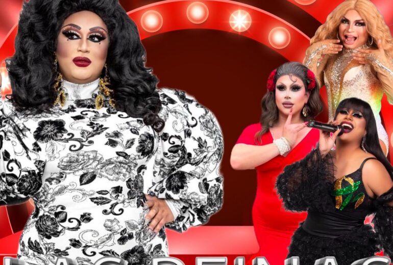 A promotional poster for 'Las Reinas Latin Brunch' at Micky's West Hollywood, featuring Robbie Osa in a floral black and white dress, Missy Vee in a sparkling red gown, Paradox in a vibrant red and black outfit, and La Chiquis in a black ensemble with green accents, set against a backdrop of red stage lights. Event details include May 25, 1 PM.