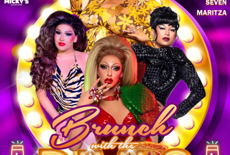 Promotional poster for 'Brunch with the Divas' at Micky's West Hollywood, hosted by Karen Beaches and drag performers Beetrix, Seven, and Maritza in glamorous outfits against a vibrant purple background with lightbulb accents and icons of a champagne glass. Event details include the date, May 24, at 1 PM.