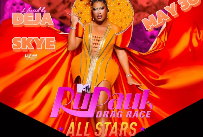 A promotional image for a "RuPaul's Drag Race All Stars Viewing Party" hosted by DeJa Skye. DeJa Skye is pictured centrally in a vibrant orange and yellow outfit with an elaborate headpiece, against a red-toned background featuring blurred images of other drag queens. The event is advertised for Friday, May 30th at 8 PM at Micky's West Hollywood. The poster also mentions a Happy Hour from 1 PM to 7 PM and that the viewing party will be followed by the Dreamgirls Revue at 9 PM.