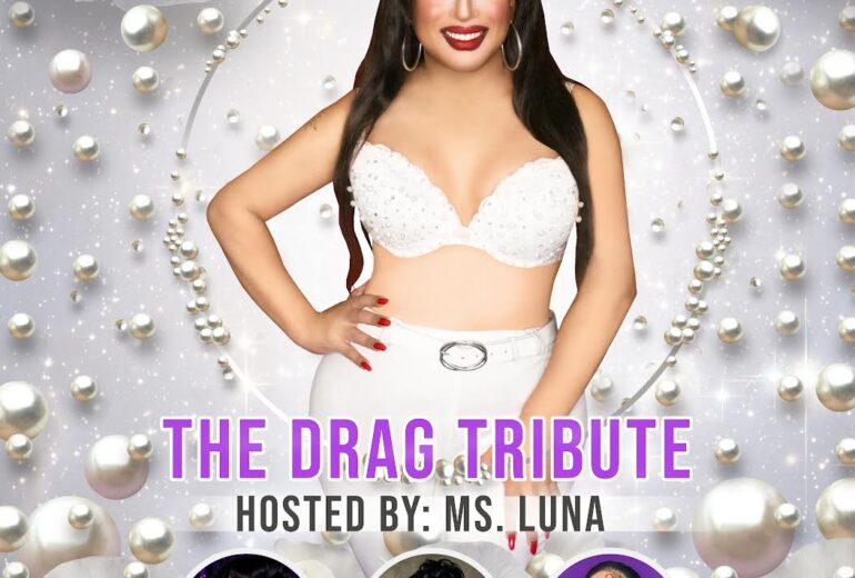 Promotional poster for 'Selena Vive', a drag tribute night at Micky's West Hollywood on June 28th. Features a smiling Selena impersonator in a white outfit. Details include the event at 8 PM, hosted by Ms. Luna with performers Roxy Del Valle, Melissa Befierce, and Leandra Rose.