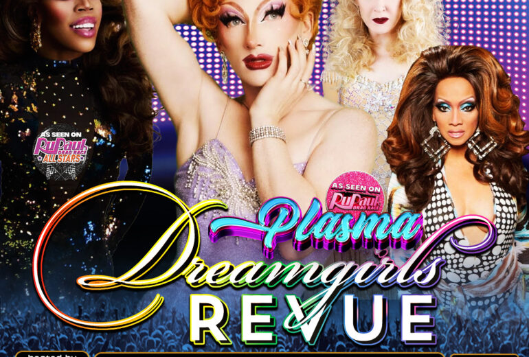 A vibrant promotional poster for 'Dreamgirls Revue' at Micky's West Hollywood, featuring drag performers Jasmine Masters, Plasma, Dolly Levi, and Fontasia L'Amor in dynamic poses. The event includes a 'RuPaul’s Drag Race' viewing party at 8 PM, followed by a show at 9 PM on June 20th, located at 8857 Santa Monica Blvd.