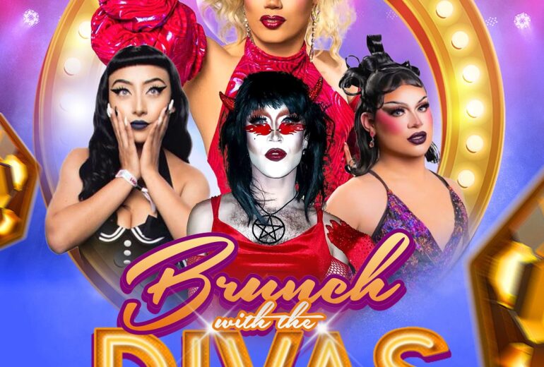 A vibrant promotional poster for 'Brunch with the Divas at Micky's West Hollywood,' featuring stunning images of drag performers Sabbyiana, Twiggy D. Warhol, and Artz Black in dynamic costumes. The event is hosted by Natasha Hundreds and set against a colorful background with event details: Saturday, June 14th at 1 PM, located at 8857 Santa Monica Blvd, West Hollywood, CA 90069.