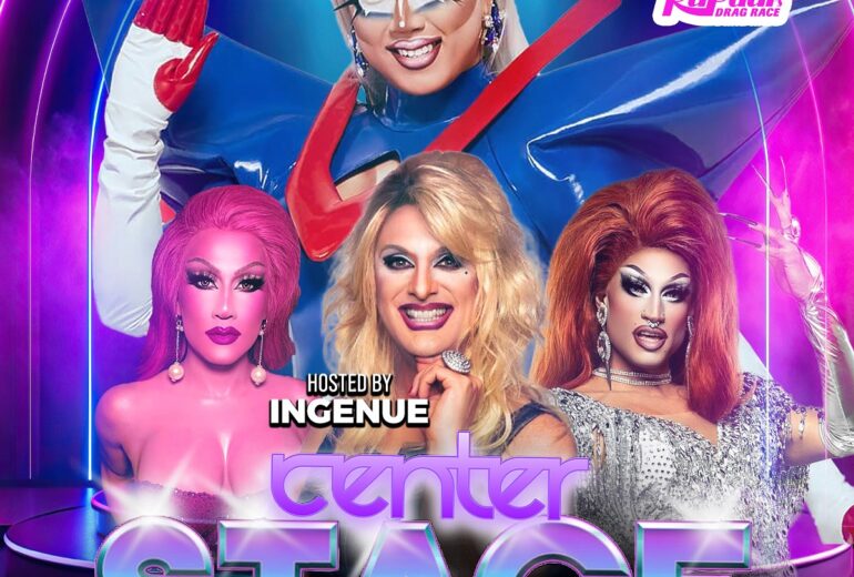 A promotional poster for 'Center Stage' at Micky's West Hollywood, featuring drag performers Rock M. Sakura in a superhero costume, Vivienne Vida, and Benaddiction in glamorous attire, all under vibrant neon lights. Event details include the date, Saturday June 14th at 8 PM, hosted by Ingenue.