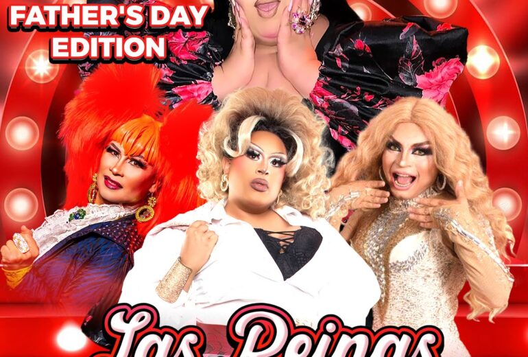 A vibrant promotional poster for 'Las Reinas Latin Drag Brunch' at Micky’s West Hollywood on Father’s Day. Featuring dramatic performances by Beetrix Kiddo, Amazona, Kiko, and La Chiquis against a shimmering red background. Event details include the date, Sunday, June 15th, at 1 PM, located at 8857 Santa Monica Blvd.
