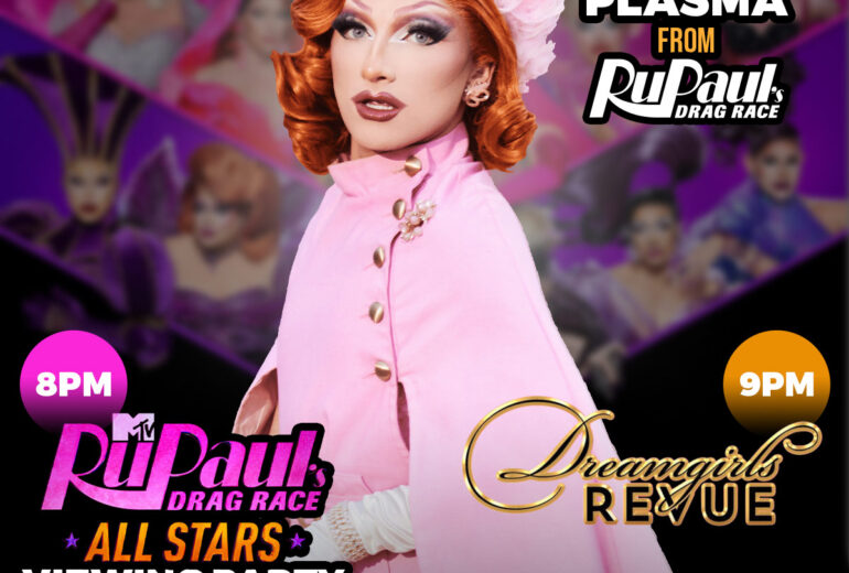 Event poster for RuPaul's Drag Race All Stars Viewing Party at Micky's West Hollywood on June 20th showcasing a prominent drag performer in a pink outfit. Includes times for the viewing party at 8 PM and Dreamgirls Revue at 9 PM. Address: 8857 Santa Monica Blvd, West Hollywood, CA 90069.