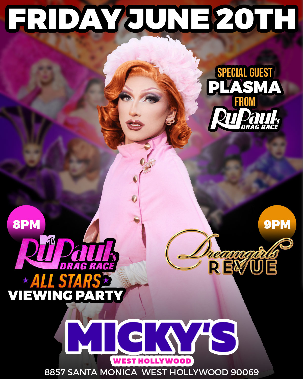 Event poster for RuPaul's Drag Race All Stars Viewing Party at Micky's West Hollywood on June 20th showcasing a prominent drag performer in a pink outfit. Includes times for the viewing party at 8 PM and Dreamgirls Revue at 9 PM. Address: 8857 Santa Monica Blvd, West Hollywood, CA 90069.