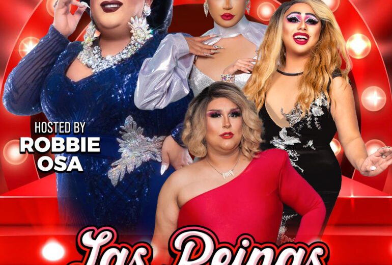 Promotional poster for 'Las Reinas Latin Drag Brunch' at Micky's West Hollywood, showing four drag performers in glamorous outfits against a bright red backdrop with light circles. Event details include host Robbie Osa, performances by Reina, Missy Vee, and Bella Spreads, and the event time, Sunday at 1 PM.