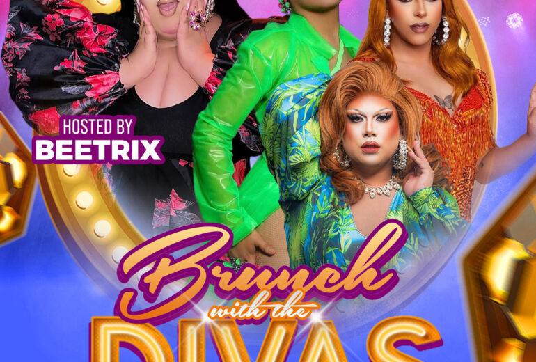 Promotional poster for 'Brunch with the Divas' at Micky’s West Hollywood on June 21st at 1 PM, featuring drag queens Beetrix, Veronica Halston, Paradisa, and Vicky on the Rocks in vibrant, colorful costumes against a colorful backdrop. Hosted by Beetrix.