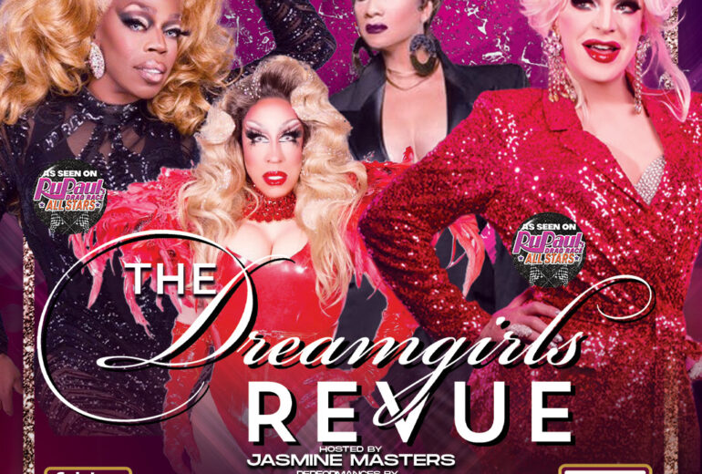 A vibrant promotional poster for 'The Dreamgirls Revue' at Micky's West Hollywood. Features glamorous drag performers in dazzling costumes against a purple and pink gradient background. Event hosted by Jasmine Masters on Friday, June 27th at 9 PM, at 8857 Santa Monica Blvd.