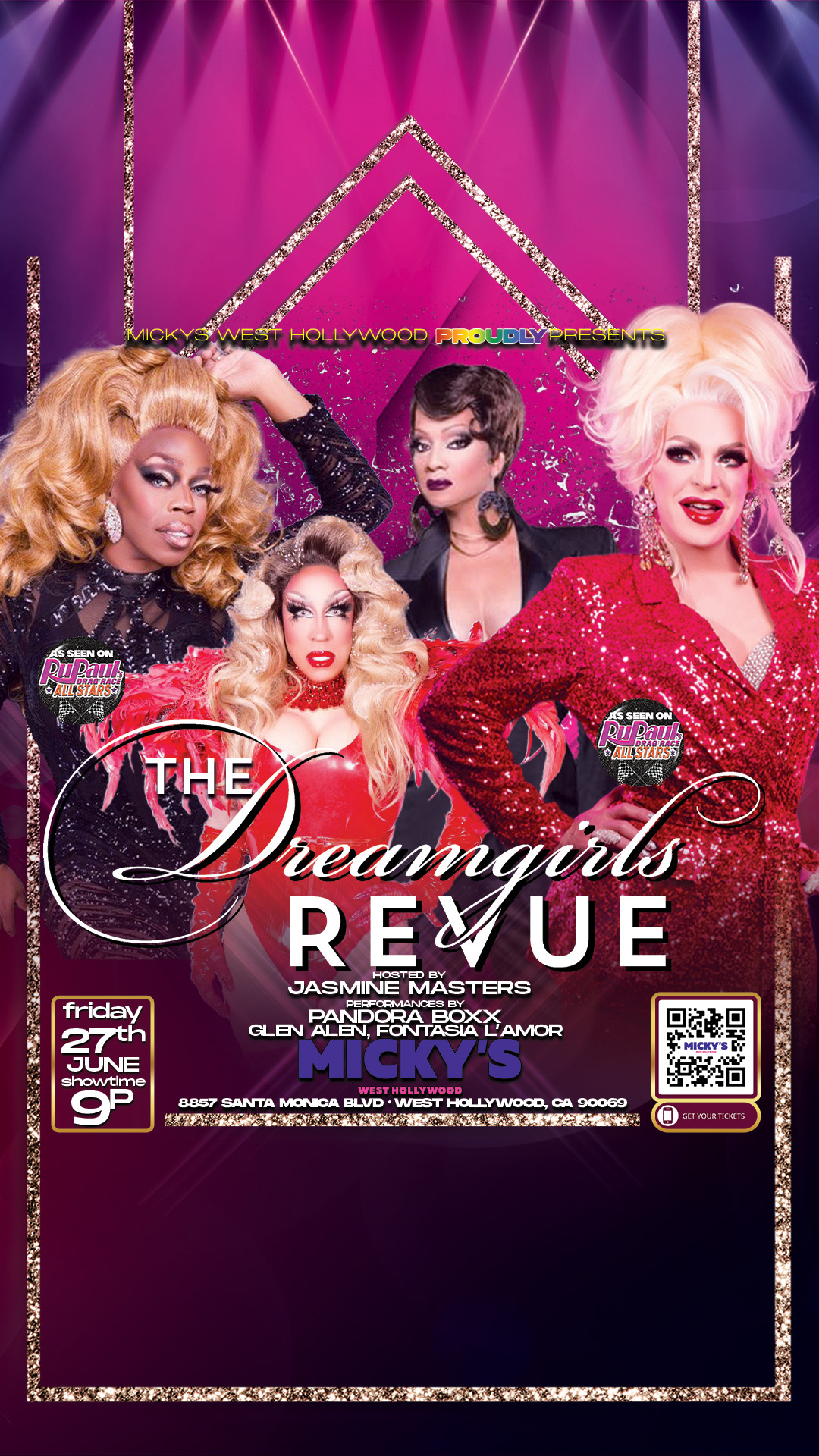 A vibrant promotional poster for 'The Dreamgirls Revue' at Micky's West Hollywood. Features glamorous drag performers in dazzling costumes against a purple and pink gradient background. Event hosted by Jasmine Masters on Friday, June 27th at 9 PM, at 8857 Santa Monica Blvd.