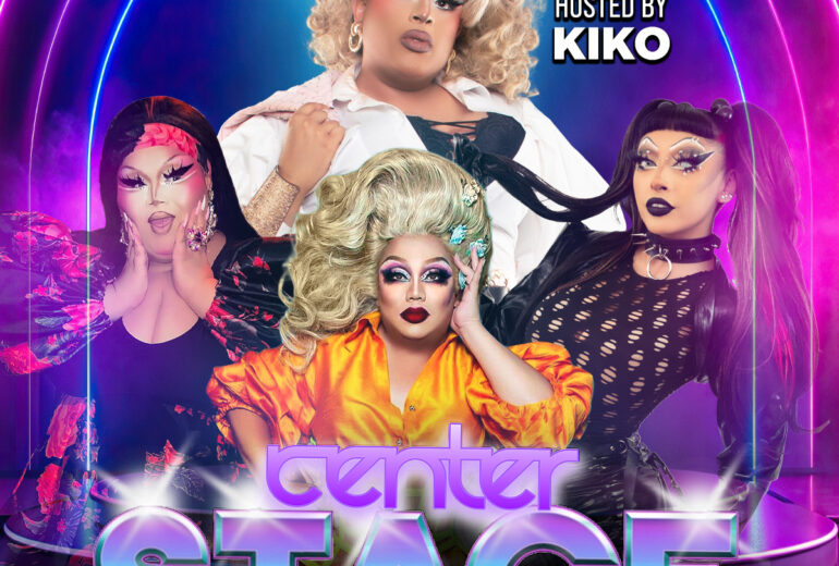 A promotional poster for 'Center Stage' at Micky’s West Hollywood, featuring drag artists Beetrix Kiddo, Monistat, and Sabbyiana, hosted by Kiko. Set against a vibrant backdrop with neon lights, highlighting an event full of dynamic performances. Event details specify it's on Saturday, July 12th at 8 PM, held at 8857 Santa Monica Blvd, West Hollywood, CA.