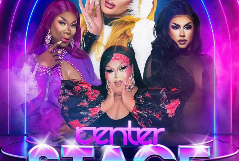 Promotional image for 'Center Stage' event at Micky's West Hollywood, showcasing four drag performers in glamorous costumes against a neon-lit stage background. Event details mention it's hosted by Rhea Litré with performances by Amber Crane, Beatrix Kiddo, and Summer Daze. Scheduled for 8PM Saturday July 19th at 8857 Santa Monica Blvd, West Hollywood.