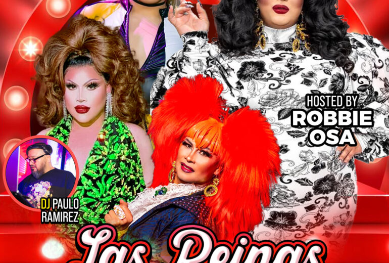 Promotional poster for 'Las Reinas Latin Drag Brunch' at Micky’s West Hollywood, featuring three drag performers, Violeta Bouvardenz, Paradisa, and Amazona, with DJ Paulo Ramirez. Event hosted by Robbie Osa, with vibrant red background and details on event time, Sunday at 1 PM.