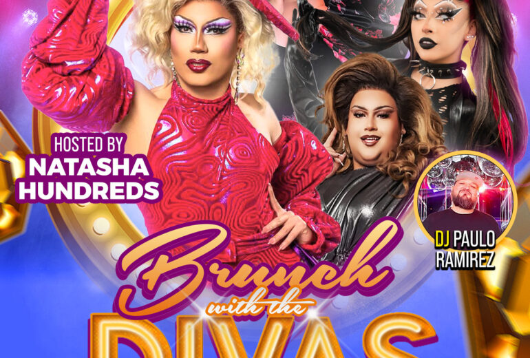 Promotional poster for 'Brunch with the Divas' at Micky’s West Hollywood. Host Natasha Hundreds along with performers Beetrix Kiddo, Sabbyiana, and Frida Heaux are prominently featured. DJ Paulo Ramirez is also highlighted. The event is set for Saturday, July 19th at 1 PM, located at 8857 Santa Monica Blvd.