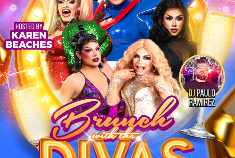 Promotional poster for 'Brunch with the Divas' at Micky's West Hollywood. Features performers in vibrant costumes, with special guest Rock M. Sakura, highlighted by a colorful, glittery background. Hosted by Karen Beaches, includes DJ Paulo Ramirez, and event date: Saturday, July 26th at 1 PM.