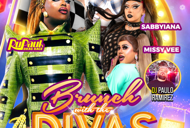 Promotional poster for 'Brunch with the Divas' at Micky's West Hollywood, featuring dazzling drag performers in vibrant costumes, a DJ, and themed images like microphones and champagne glasses. The event is hosted by Kiko on Saturday, August 2nd, at 1 PM.