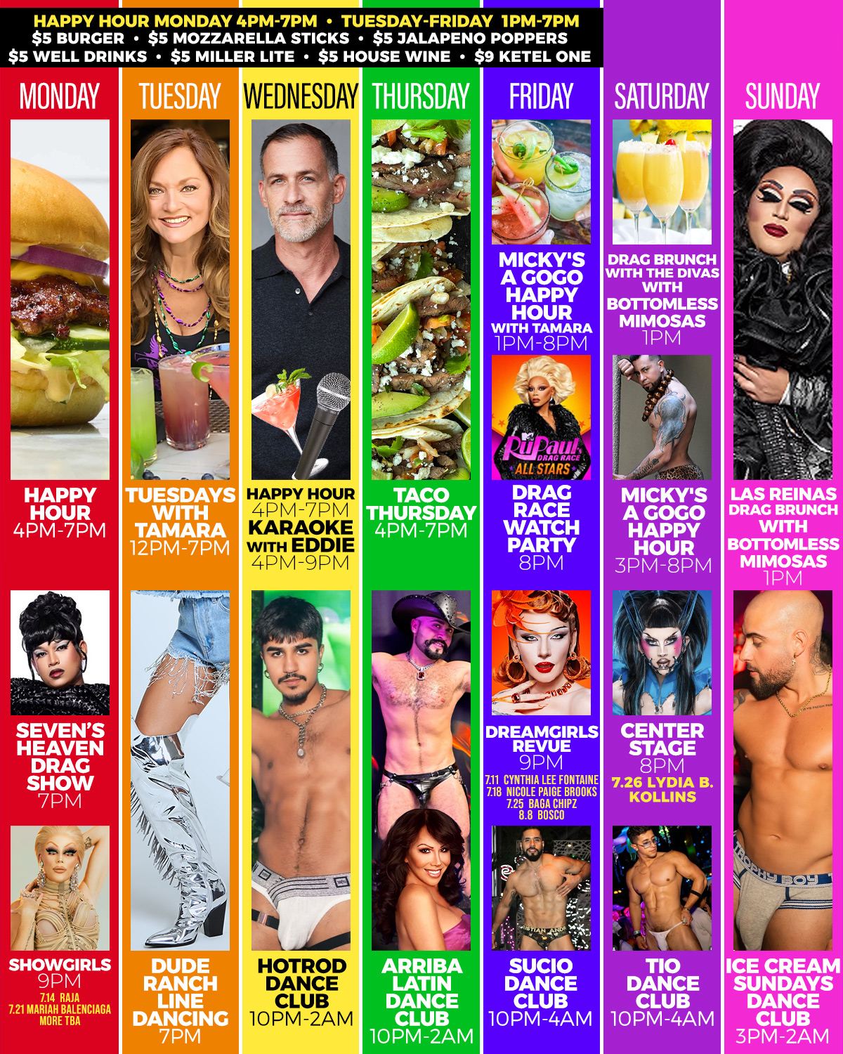 Event schedule poster for Micky’s West Hollywood featuring a vibrant, colorful design. It includes daily specials like 'Happy Hour Karaoke with Eddie' on Wednesdays from 4 PM to 9 PM, showcasing Eddie in casual attire. The poster highlights other events throughout the week such as drag shows, dance parties, and themed dining nights, each displayed with respective hosts and vibrant visuals.