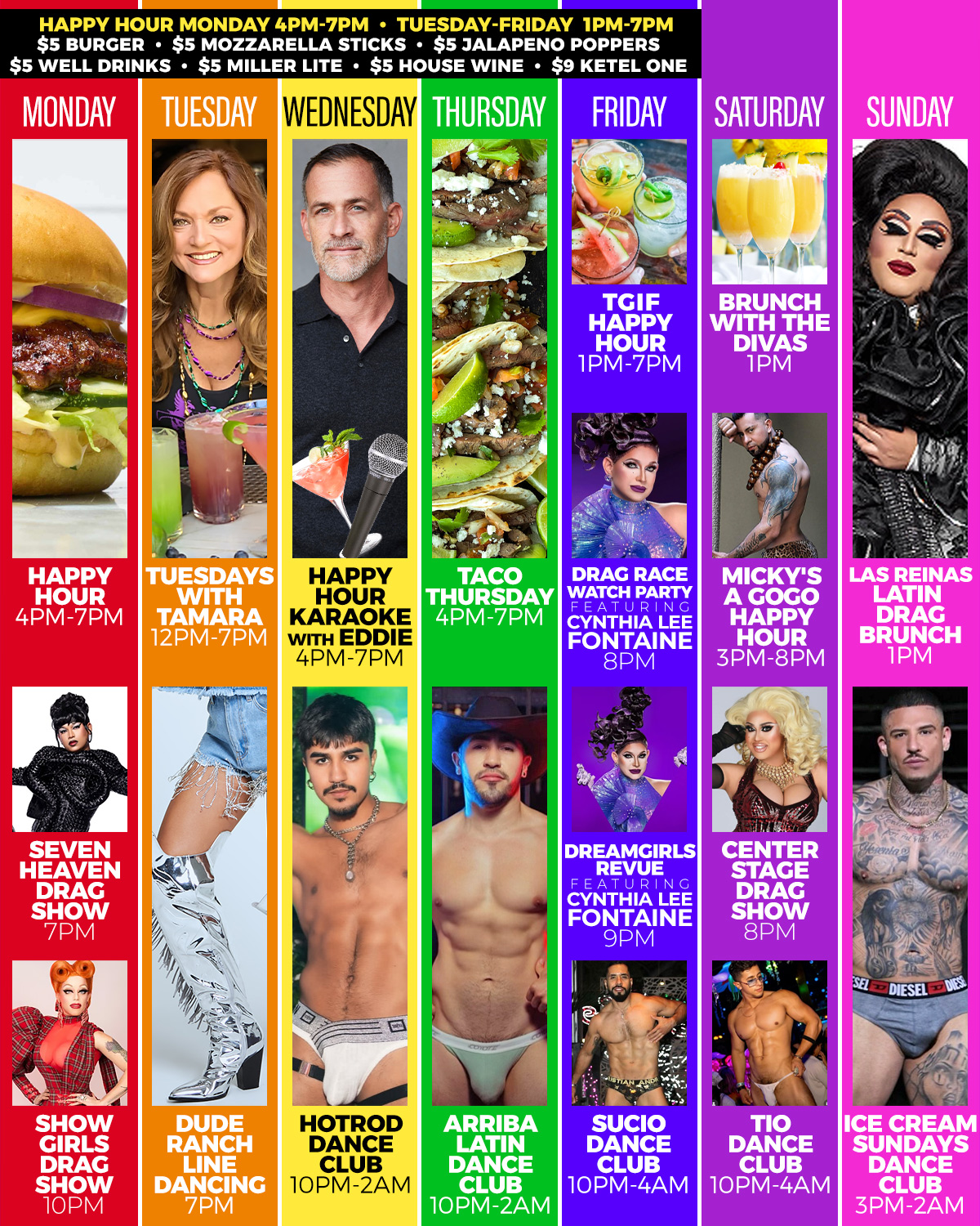 mickys-weekly-events-calendar-jpg Weekly events calendar for Micky's West Hollywood. Includes Happy Hour deals, Taco Thursday, Drag Queen shows, and dance nights. Highlights include 'Happy Hour Karaoke with Eddie' on Wednesdays from 4 PM to 7 PM, showcasing event features like karaoke and drink specials.