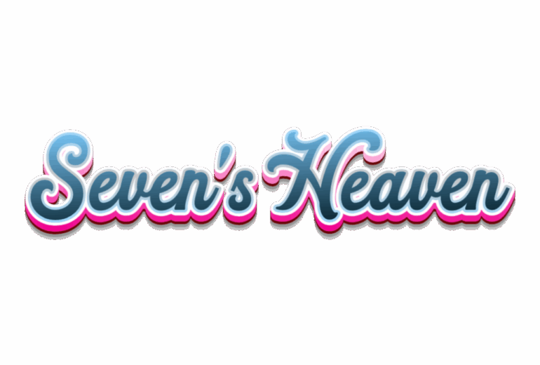 A vibrant promotional text logo for 'Seven's Heaven' in blue and pink retro font reminiscent of the 1970s disco era.