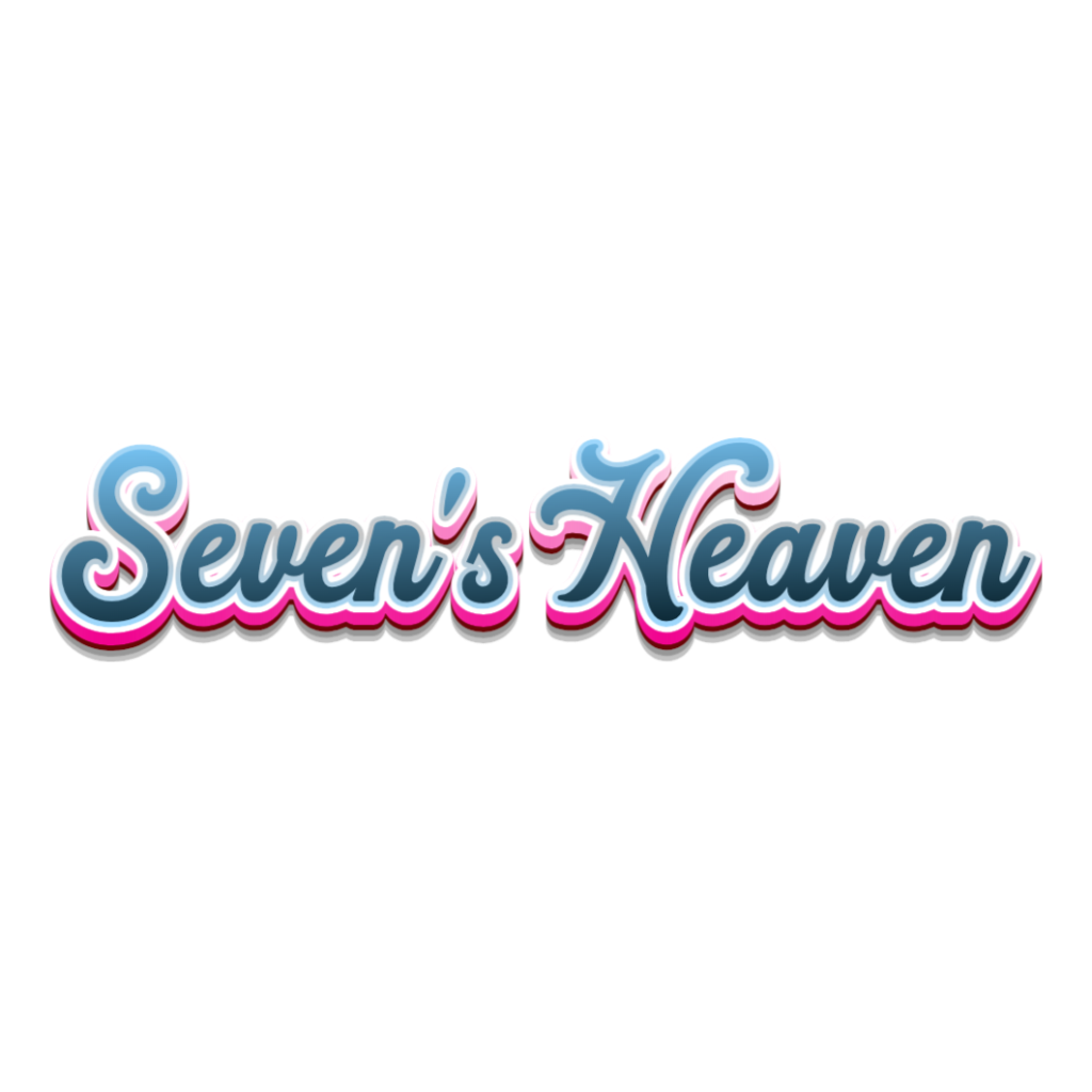 A vibrant promotional text logo for 'Seven's Heaven' in blue and pink retro font reminiscent of the 1970s disco era.