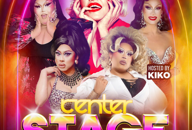 Promotional poster for 'Center Stage', celebrating Madonna's birthday at Micky's West Hollywood. Features Madonna in the center with performers Beetrix Kiddo, Ivy Colby, and Vivienne Vida around her, set against a vibrant pink and purple backdrop. Hosted by Kiko. Event on August 16th, 8 PM at 8857 Santa Monica Blvd.