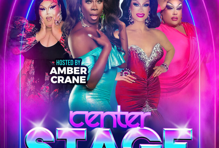 Promotional image for 'Center Stage' at Micky’s West Hollywood on Saturday, August 30th at 8 PM, hosted by Amber Crane. Features performers Beatrix Kiddo, Vivienne Vida, and Miz Tonz Massacr, in vibrant drag costumes against a backdrop of bright neon lights.