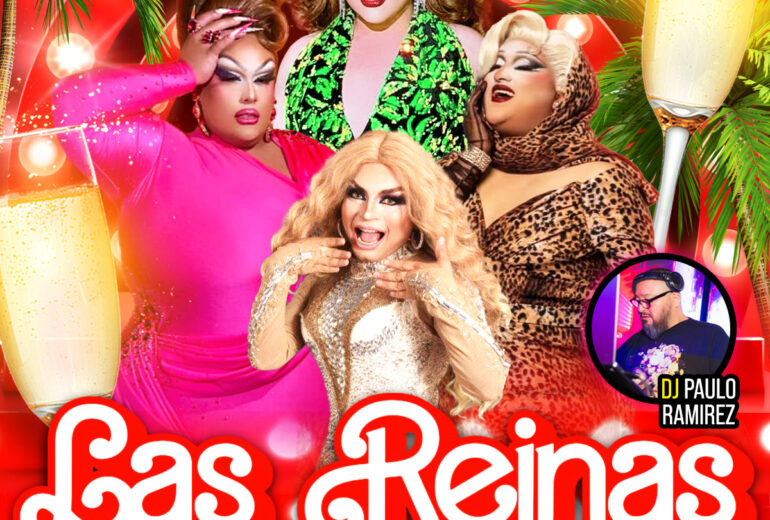 Promotional poster for 'Las Reinas Latin Drag Brunch' at Micky’s West Hollywood, featuring three flamboyant drag performers in vibrant outfits, with one holding a champagne glass. The event, hosted by Paradox and with DJ Paulo Ramirez, is scheduled for 1PM on Sunday, August 31st. Performers include Miz Tonz Massacr, La Chiquis, and Isabella Muah at 8857 Santa Monica Blvd, West Hollywood, CA 90069.