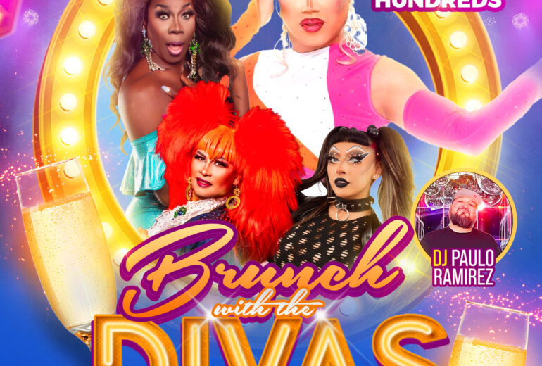 Promotional poster for 'Brunch with the Divas' at Micky's West Hollywood, showcasing a colorful, vibrant design. Features drag performers Amber Crane, Amazona, and Sabbyiana, hosted by Natasha Hundreds, with DJ Paulo Ramirez. Event details highlight the date on Saturday, August 16th at 1 PM, location at 8857 Santa Monica Blvd.