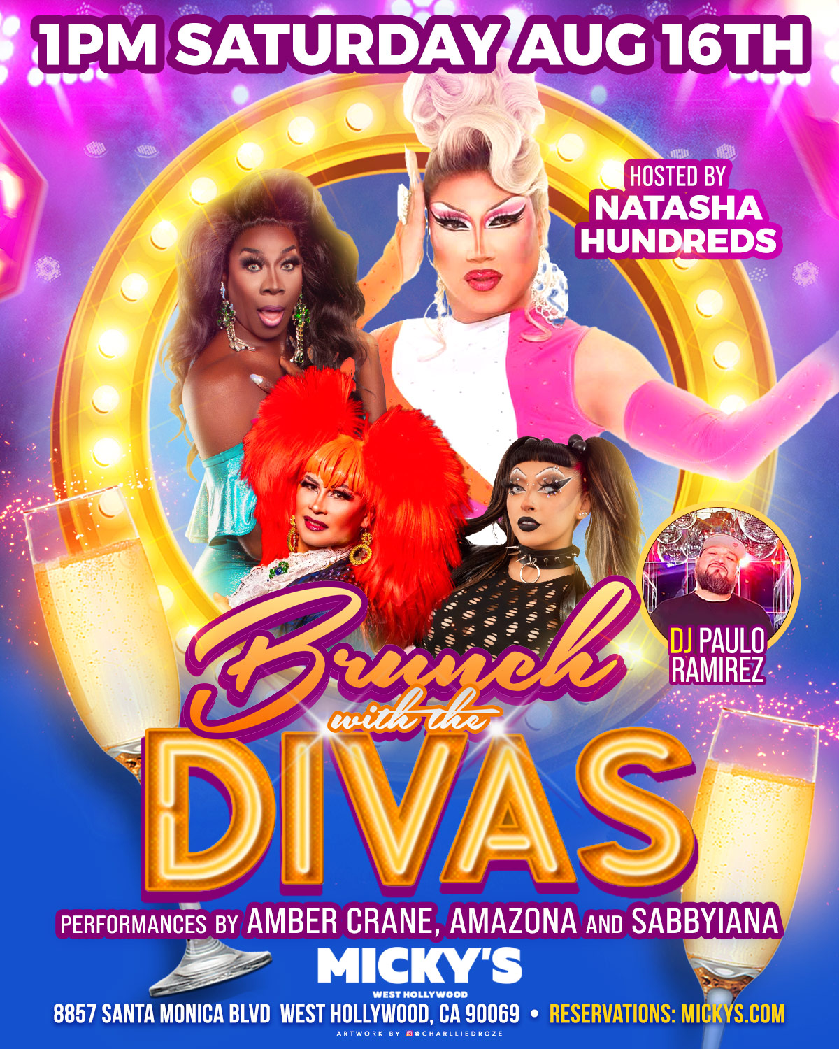 Promotional poster for 'Brunch with the Divas' at Micky's West Hollywood, showcasing a colorful, vibrant design. Features drag performers Amber Crane, Amazona, and Sabbyiana, hosted by Natasha Hundreds, with DJ Paulo Ramirez. Event details highlight the date on Saturday, August 16th at 1 PM, location at 8857 Santa Monica Blvd.