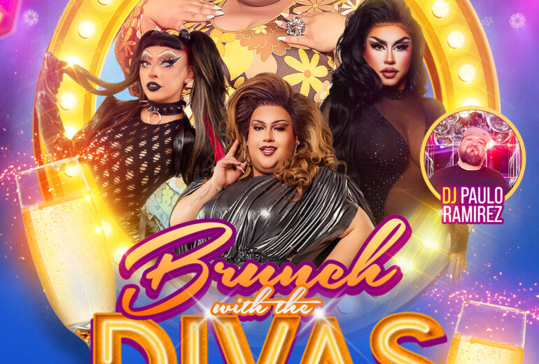 A vibrant promotional poster for 'Brunch with the Divas' at Micky's West Hollywood, featuring Beetrix Kiddo in a floral outfit and other divas in glamorous attire with makeup. Event details include the performances by Sabbyiana, Frida Heaux, and Summer Daze on Saturday, August 30th at 1 PM, DJ set by Paulo Ramirez, with a chic mimosa glass displayed. Located at 8857 Santa Monica Blvd.