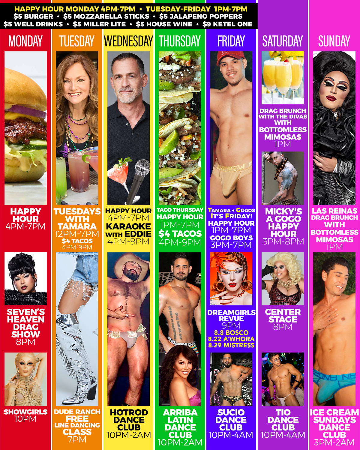 A colorful weekly events at Micky’s West Hollywood featuring diverse attractions each day such as Monday’s burger happy hour, Taco Thursday, Eddie’s karaoke on Wednesday, and the Las Reinas drag brunch on Sunday. Each event highlights a vibrant mix of food, fun, and entertainment.