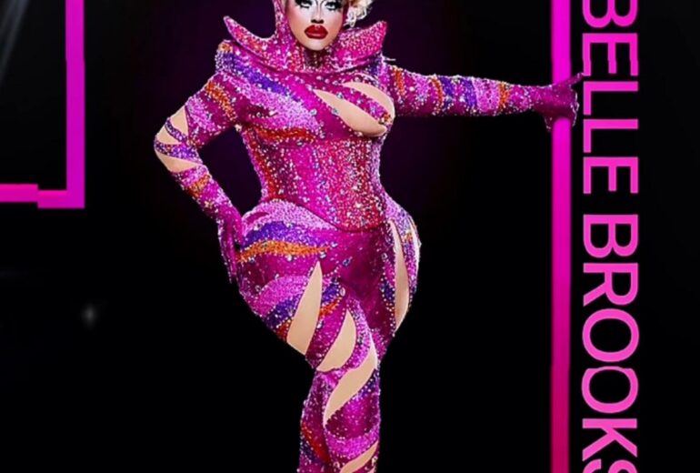 Promotional event poster for 'Mistress Isabelle Brooks' at Micky’s West Hollywood. Features Isabelle Brooks in an elaborate purple sequined outfit, posing dramatically with a pink and purple background. Event details state it’s on Friday, August 29th at 8:30 PM.