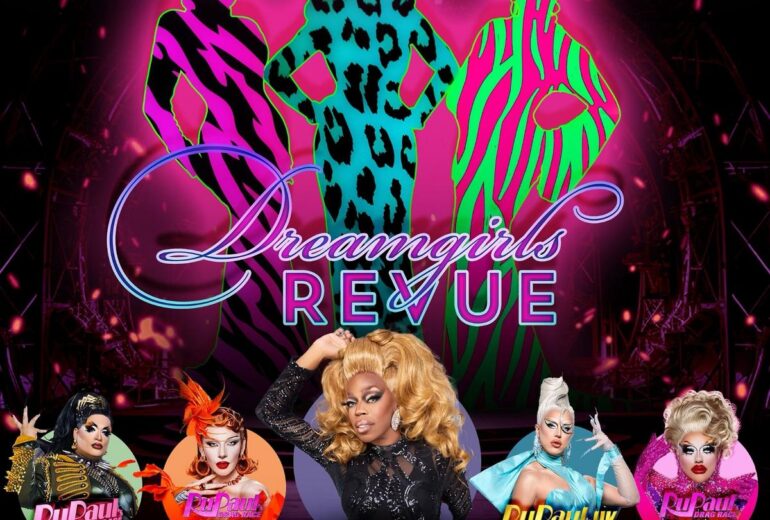 Promotional poster for the 'Dreamgirls Revue' at Micky’s West Hollywood. Features vibrant silhouettes of drag performers in leopard and neon prints, the event dates, and a QR code for tickets. Hosted by Jasmine Masters with appearances by Megami, Bosco, A'whora, and Mistress on selected August dates.