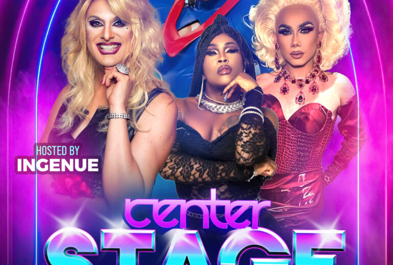 Event poster for 'Center Stage Drag Extravaganza' at Micky’s West Hollywood. Featuring Ingenue as the host with performers Porshaa LeJayy and Paloma McMichaels, and special guest Rock M. Sakura from RuPaul's Drag Race. The poster is vibrant with neon lights and glitter, set for Saturday, Sept 13, 8 PM, located at 8857 Santa Monica Blvd.