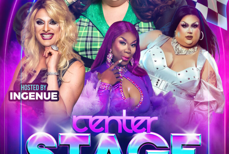 A glamorous promotional poster for 'Center Stage' featuring performances by Eureka O'Hara, Amber Crane, and Alexa Kamryn, hosted by Ingenue at Micky’s West Hollywood. The event is on Saturday, September 27th at 8 PM. The background is radiant with vibrant neon lights, enhancing the dramatic and colorful appearance of the performers.