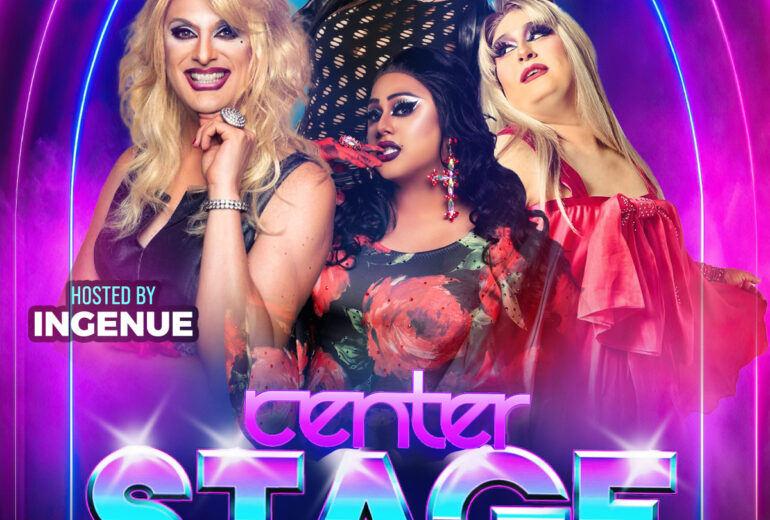 A vibrant promotional poster for 'Center Stage' at Micky's West Hollywood, showcasing host Ingenue with performers Sabbyiana, Missy Vee, and Bella Spreads, set against a backdrop of neon lights. Event details announce it's on Saturday, October 4th at 8 PM, located at 8857 Santa Monica Blvd, West Hollywood, CA.