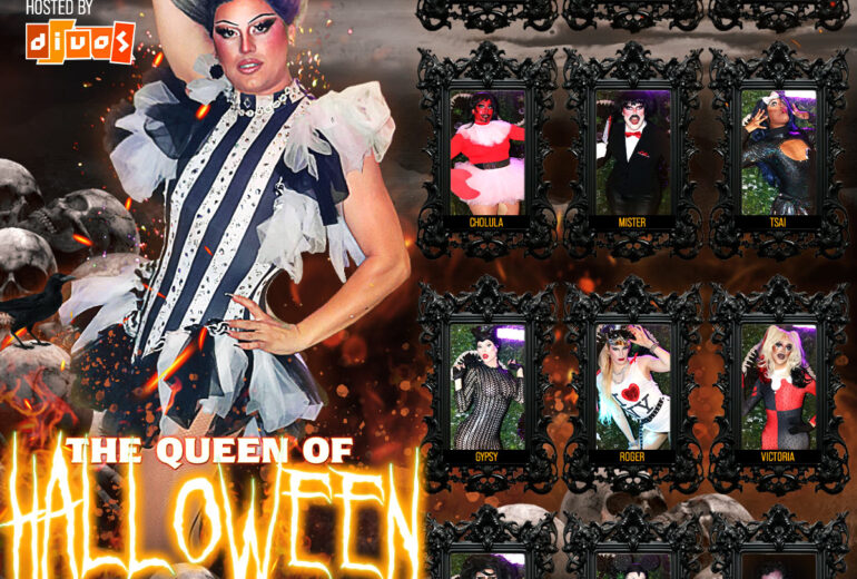 Promotional poster for 'The Queen of Halloween Drag Competition - Creatures of the Night' at Micky's West Hollywood, featuring a main drag queen, Josie, in a dramatic black and white costume with spooky portraits of participants like Anastasia, Ester, Spooky, and others. The event details highlight the competition on Thursday, October 2nd, 8 PM at 8857 Santa Monica Blvd. Artwork by DMCCharlieDex.