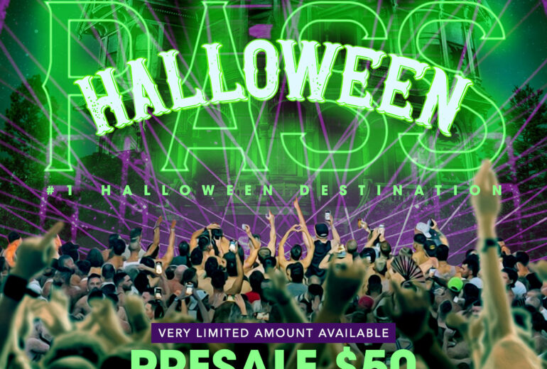 Promotional poster for 'Halloween' event at Micky’s West Hollywood showcasing crowds of party-goers in Halloween costumes, under vibrant purple and green lights, with text detailing a $50 presale for all day and night access on Friday October 31st at 8857 Santa Monica Blvd, West Hollywood, including after-hours events, front of line and in and out privileges.