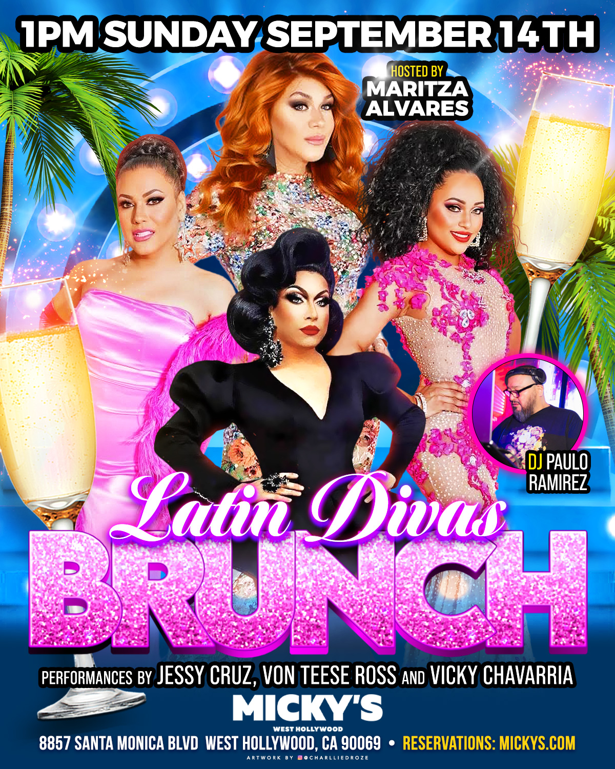 A vibrant promotional poster for 'Latin Divas Brunch' at Micky's West Hollywood featuring Maritza Alvares, Jessy Cruz, Von Teese Ross, and Vicky Chavarria in fabulous drag attire with champagne flutes and colorful lights. Event details include music by DJ Paulo Ramirez on Sunday, September 14th, from 1 PM.