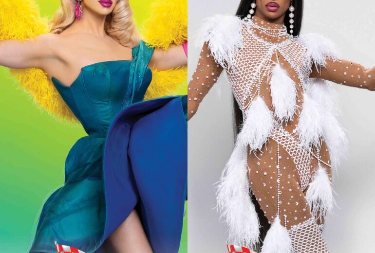 Promotional poster for Micky's West Hollywood featuring Brooke Lynn Hytes and Tayce, clad in elaborate drag costumes, with event details including performances on September 12th and 19th at 8PM, at 8857 Santa Monica Blvd. Decor is vibrant with bright backgrounds enhancing the stars' outfits.
