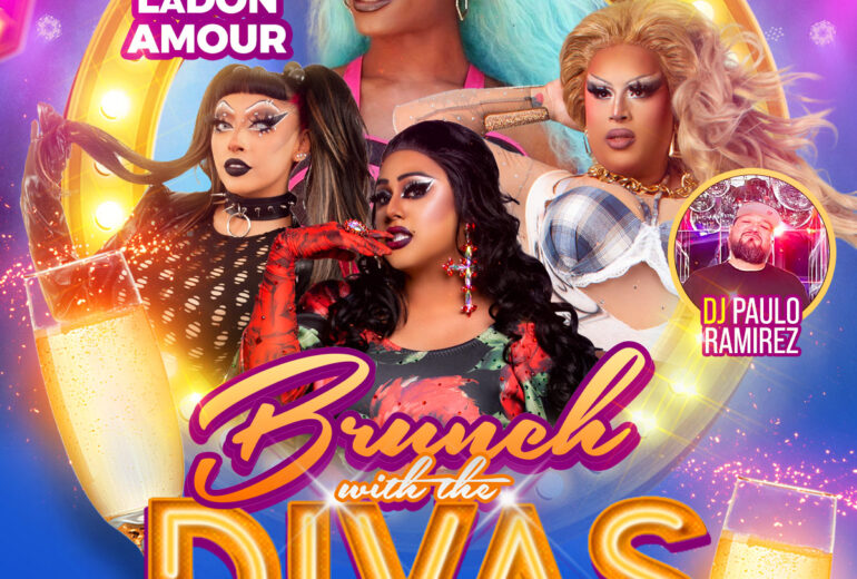 A vibrant promotional poster for 'Brunch with the Divas' at Micky’s West Hollywood, featuring LaDon Amour, Sabbyiana, Missy Vee, and Kiko in stunning drag makeup and attire, against a backdrop of colorful lights and sparkling mimosas. DJ Paulo Ramirez is pictured at the bottom. Event details include performances on Saturday, September 13th at 1 PM.