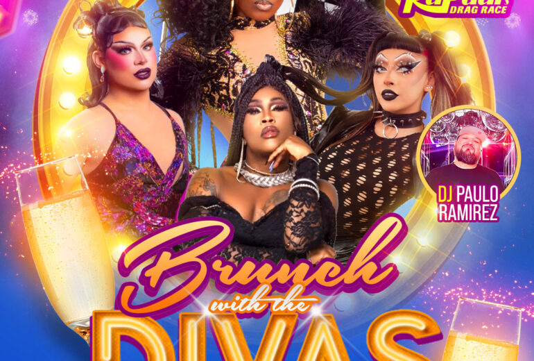 Promotional poster for 'Brunch with the Divas' at Micky’s West Hollywood. The event features performances by drag artists Artz Black, Porshaa LeJay, Sabbyiana, and special guest Hershii Liqucour Jeté. Vibrant background visuals of golden champagne bubbles and a disco-themed graphic enhance the celebratory tone. Event details include the date, Saturday, September 27th at 1 PM, with music by DJ Paulo Ramirez.