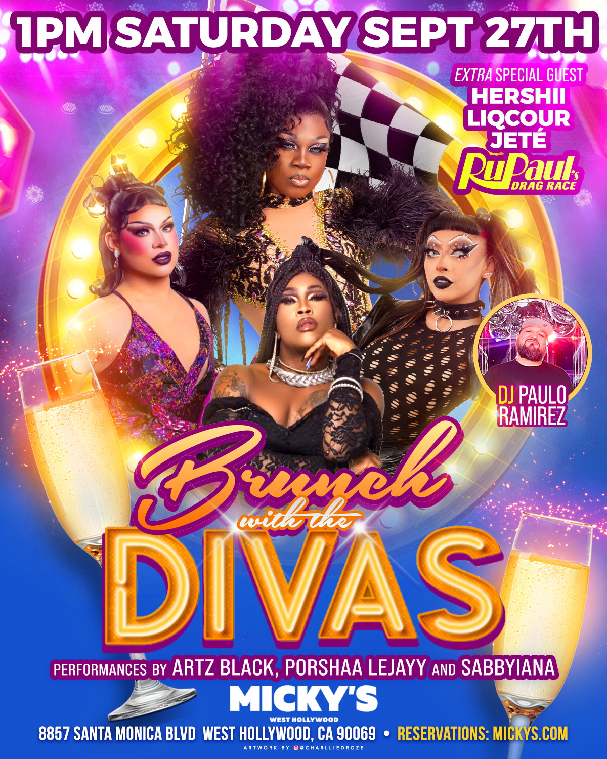 Promotional poster for 'Brunch with the Divas' at Micky’s West Hollywood. The event features performances by drag artists Artz Black, Porshaa LeJay, Sabbyiana, and special guest Hershii Liqucour Jeté. Vibrant background visuals of golden champagne bubbles and a disco-themed graphic enhance the celebratory tone. Event details include the date, Saturday, September 27th at 1 PM, with music by DJ Paulo Ramirez.