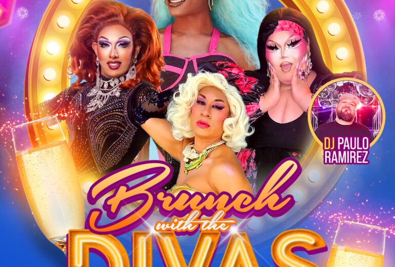 Promotional poster for 'Brunch with the Divas' at Micky's West Hollywood, featuring Angelique Devereaux with fiery red hair, Sheena Glamore in blue, and Beatrix Kiddo in white, all dressed in fabulous drag attire. DJ Paulo Ramirez is also featured at the bottom right. The background is vibrant with glitzy lights, emphasizing a festive champagne and event atmosphere. Event is on Saturday, October 4th at 1 PM.