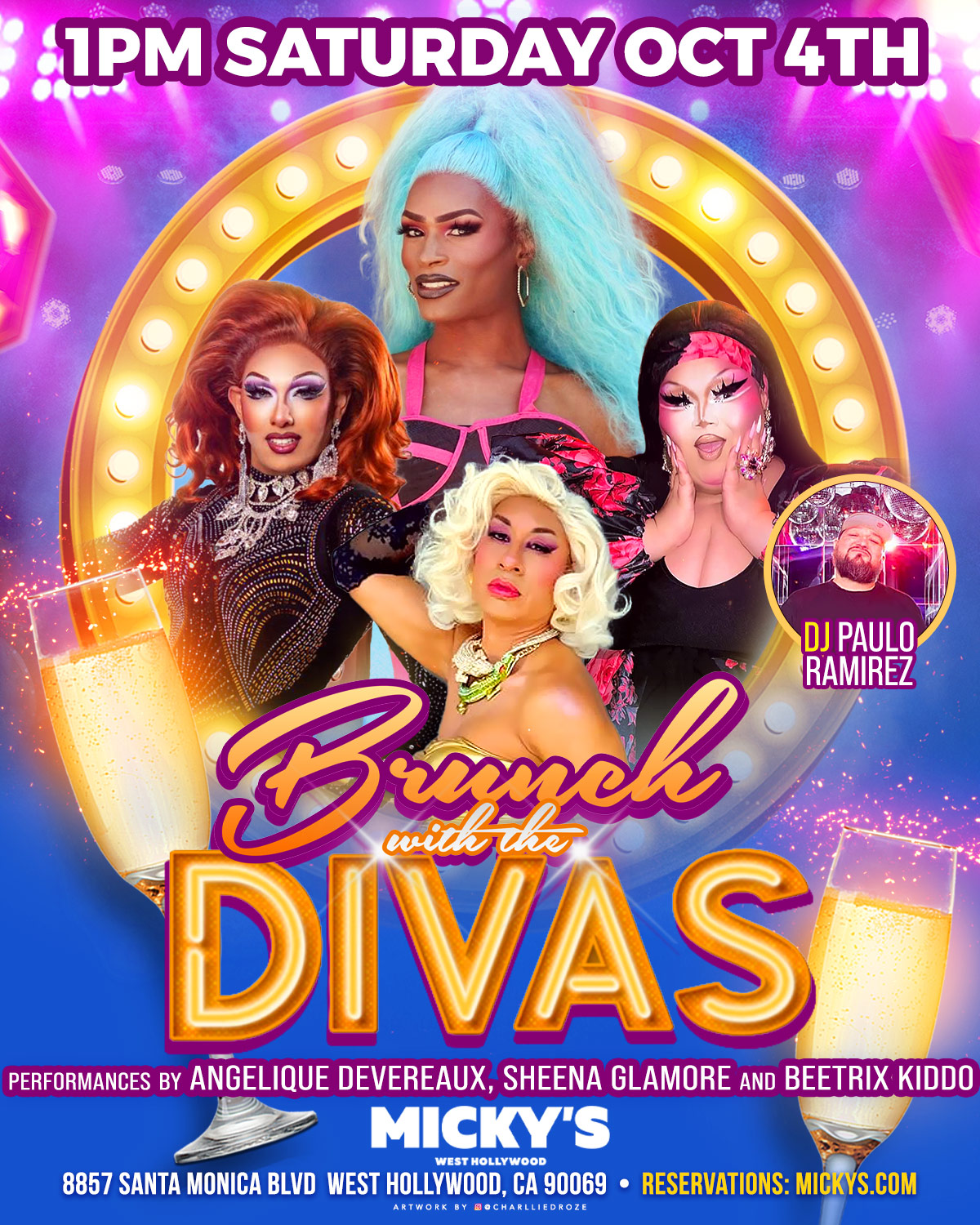 Promotional poster for 'Brunch with the Divas' at Micky's West Hollywood, featuring Angelique Devereaux with fiery red hair, Sheena Glamore in blue, and Beatrix Kiddo in white, all dressed in fabulous drag attire. DJ Paulo Ramirez is also featured at the bottom right. The background is vibrant with glitzy lights, emphasizing a festive champagne and event atmosphere. Event is on Saturday, October 4th at 1 PM.