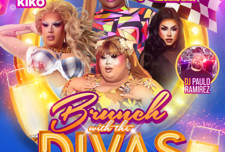 Promotional poster for 'Brunch with the Divas' at Micky's West Hollywood, showcasing performers Kiko, Beetrix Kiddo, and Missy Vee, with a special appearance by LaLa Ri of RuPaul's Drag Race. The event, hosted by Kiko, features vibrant graphic designs with colors of pink, purple, and gold, and highlights DJ Paulo Ramirez. Text details include date 'Saturday Sept 6th,' time '1PM,' and reservation info.