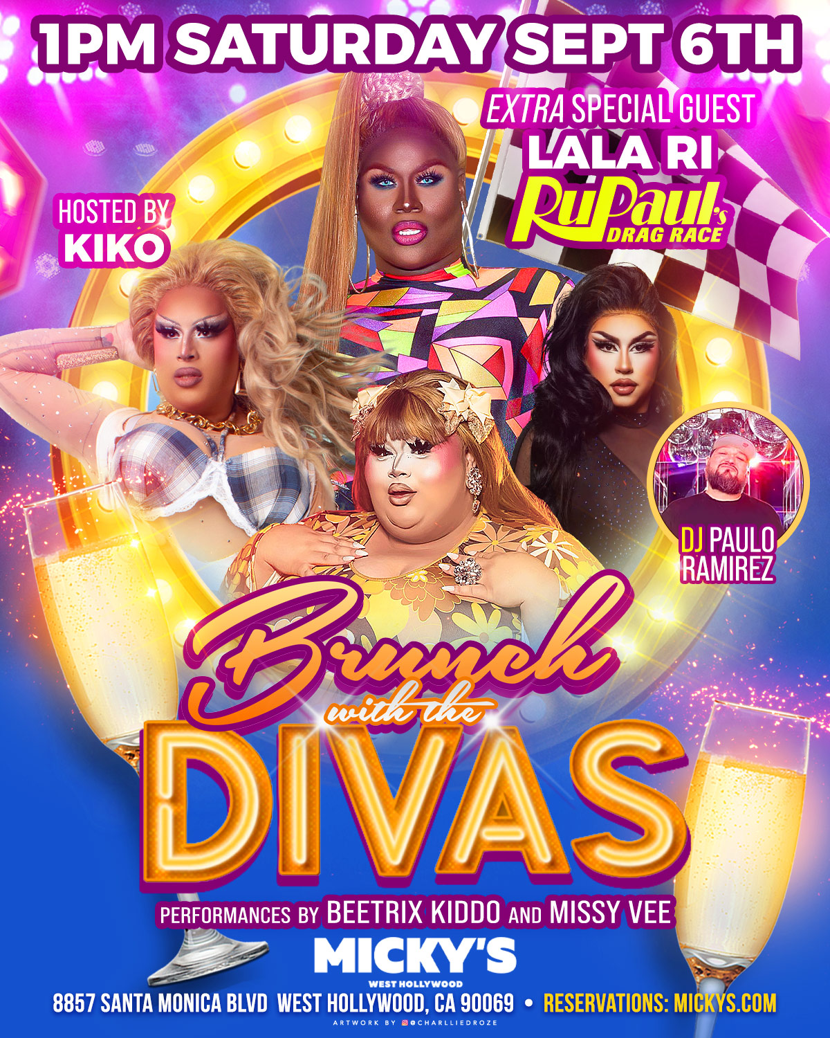 Promotional poster for 'Brunch with the Divas' at Micky's West Hollywood, showcasing performers Kiko, Beetrix Kiddo, and Missy Vee, with a special appearance by LaLa Ri of RuPaul's Drag Race. The event, hosted by Kiko, features vibrant graphic designs with colors of pink, purple, and gold, and highlights DJ Paulo Ramirez. Text details include date 'Saturday Sept 6th,' time '1PM,' and reservation info.