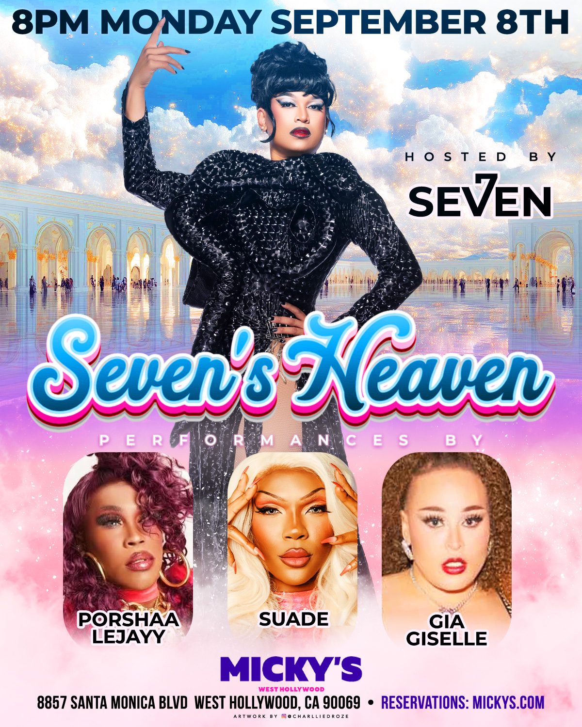 Promotional poster for 'Seven's Heaven' event at Micky's West Hollywood on September 8th, 8 PM, featuring host Seven in a luxurious black outfit against a mirrored palace backdrop. Other featured performers include Porshaa Lejay, Suade, and Gia Giselle, shown with vibrant, glamorous portraits.