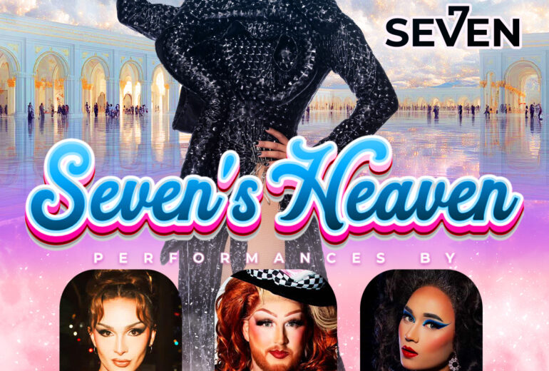 Promotional poster for 'Seven's Heaven' at Micky's West Hollywood, hosted by Seven. Features images of performers Willconique, Alexander The Queen, and Ashlynn Rox against a surreal, cloud-filled heavenly backdrop. Event details include the time as 8 PM on Monday, September 15th, and the venue at 8857 Santa Monica Blvd, West Hollywood, CA.
